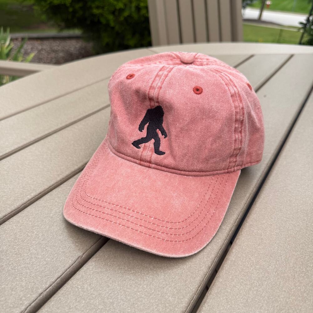Bigfoot Sasquatch Pigment Dyed Red Pink Adjustable Dad Hat Cap Men